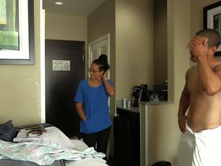 ROOM SERVICE&excl; Slutty Latina maid Jolla fucks hotel guest and launches a mess in the room&period;