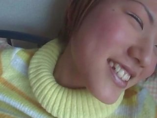 Little jap adolescent squeezing her tits while getting cunt finger fucked