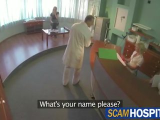 Damn blonde tourist chick gets fucked by the therapist in the examining table