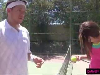 Two desirable BFFs pounding with tennis coach